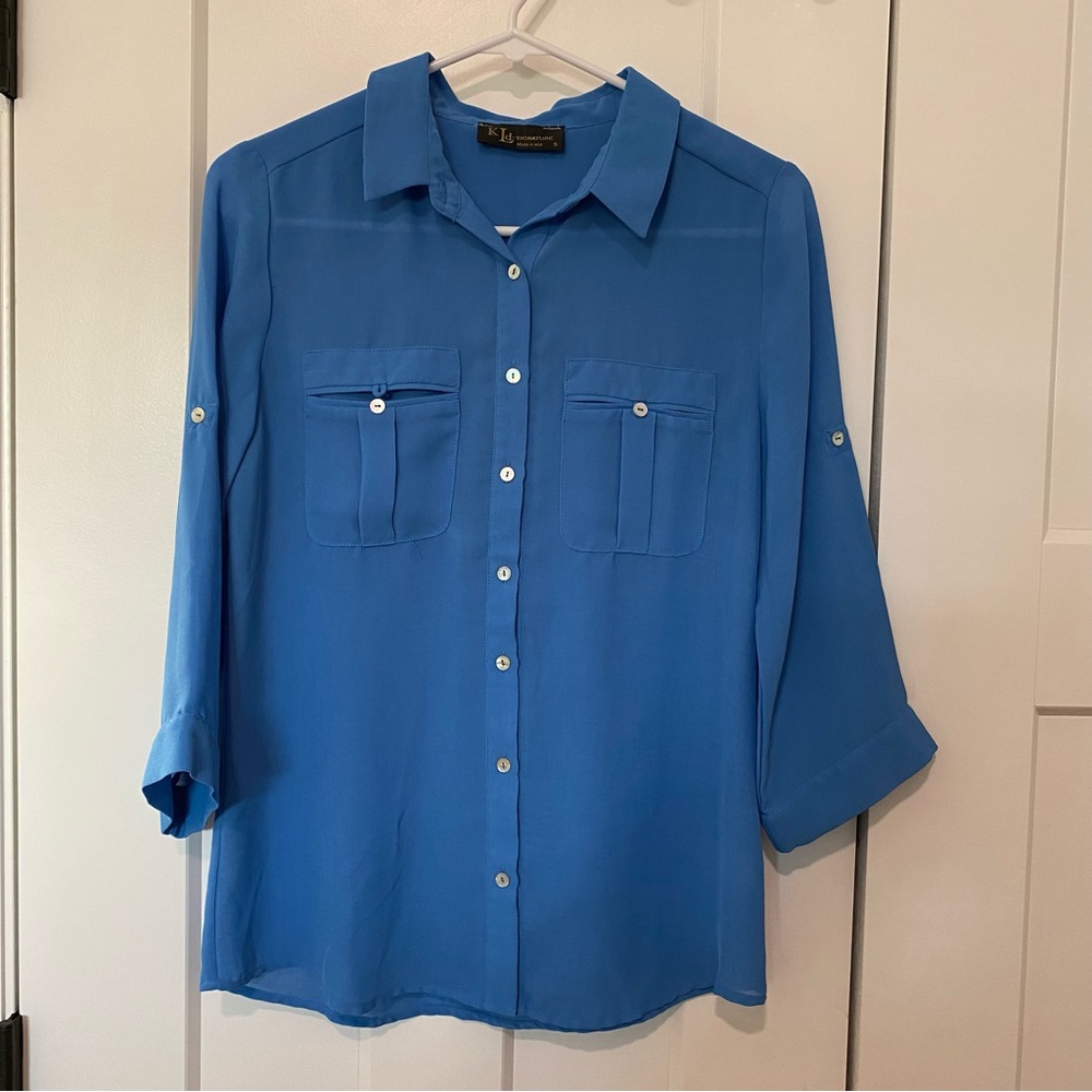 K LD Signature - Women’s Blue Button Up Blouse Size S